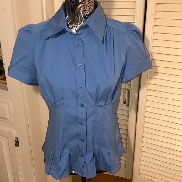 NWT Peplum Stretch Blouse with Puff Sleeves in Fantasy Blue by Apt 9 Petite - Picture 1 of 17